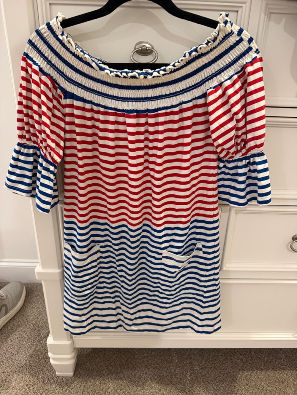 Vava by Joy Han Red, Blue & White Striped Off-Shoulder Midi Dress